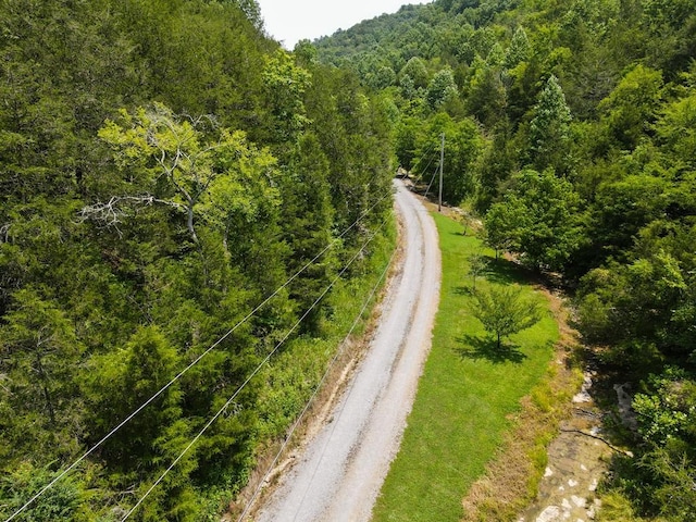 view of street featuring a forest view