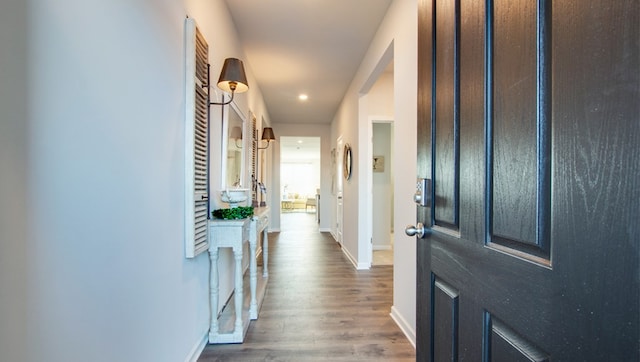 foyer with baseboards and wood finished floors