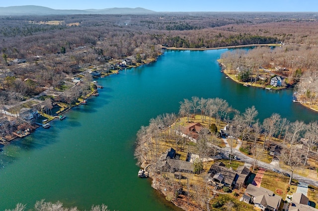 bird's eye view with a forest view and a water and mountain view