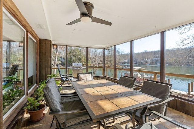 sunroom / solarium featuring a ceiling fan, a water view, and plenty of natural light