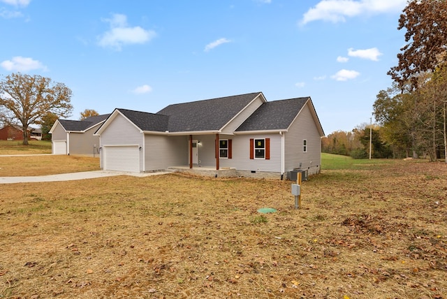 single story home with a garage, crawl space, a front lawn, and concrete driveway