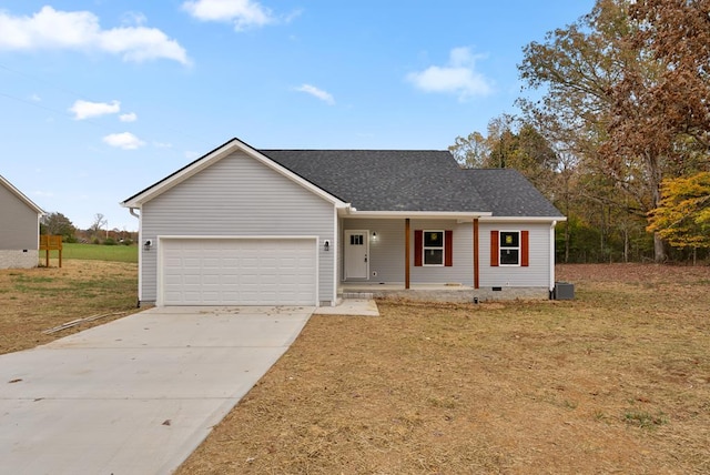 ranch-style house featuring covered porch, an attached garage, crawl space, driveway, and a front lawn