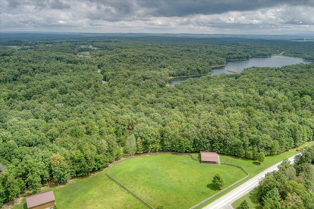 aerial view with a water view and a wooded view