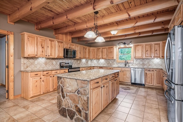 kitchen featuring a center island, hanging light fixtures, appliances with stainless steel finishes, light brown cabinets, and wooden ceiling