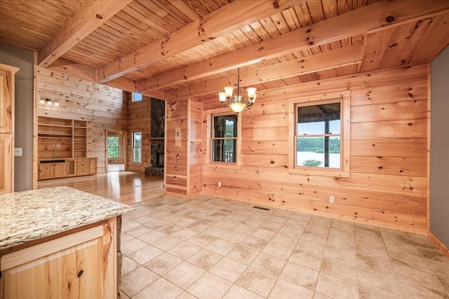 interior space with wooden ceiling, wood walls, open floor plan, light brown cabinetry, and decorative light fixtures