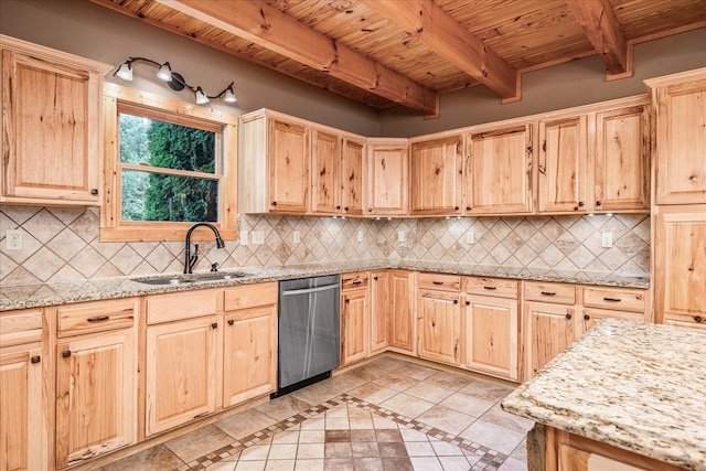 kitchen featuring dishwasher, light stone counters, wooden ceiling, and a sink