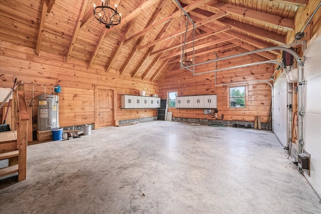 garage with wooden ceiling, wood walls, and electric water heater