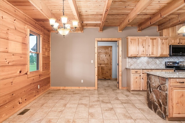 kitchen featuring decorative light fixtures, light brown cabinetry, appliances with stainless steel finishes, wood ceiling, and light stone countertops