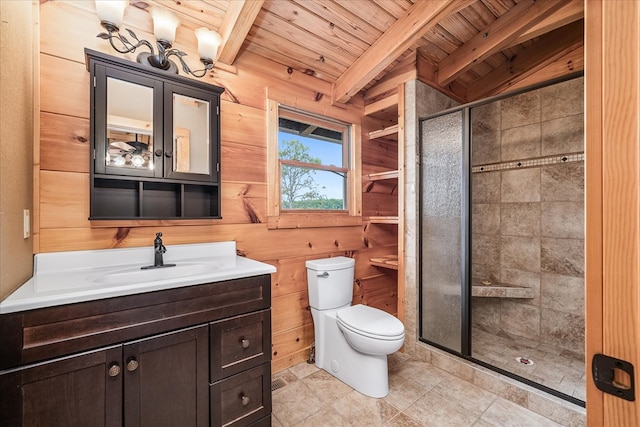 bathroom featuring beam ceiling, wood walls, a shower stall, and toilet