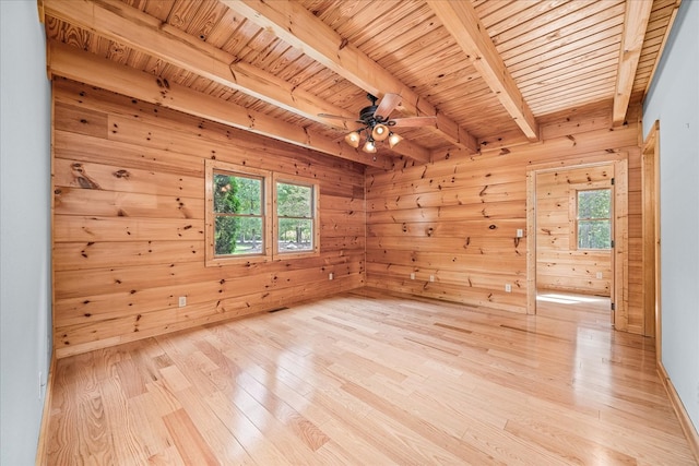 unfurnished room with wooden walls, a ceiling fan, wooden ceiling, beamed ceiling, and light wood-style floors