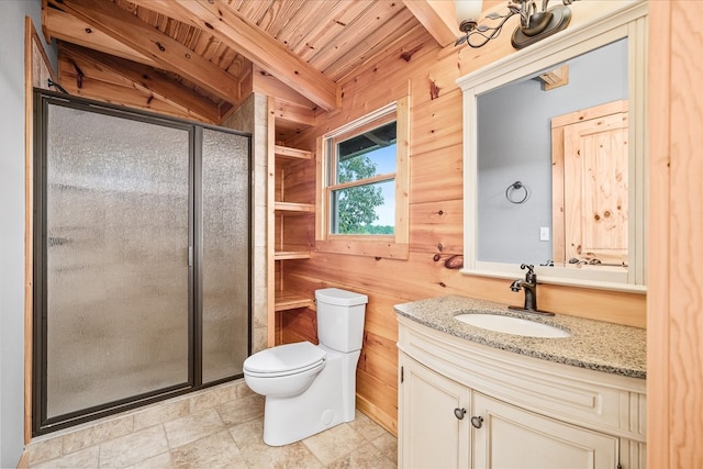 full bathroom featuring toilet, wood ceiling, vanity, a shower stall, and beam ceiling