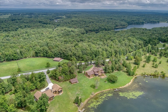 birds eye view of property featuring a water view and a forest view