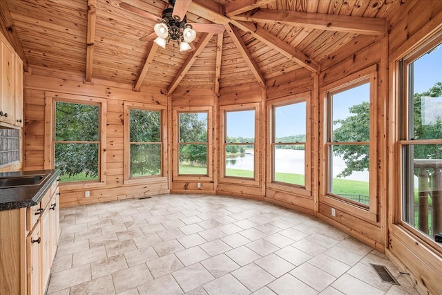 unfurnished sunroom with ceiling fan, lofted ceiling with beams, a water view, visible vents, and wood ceiling