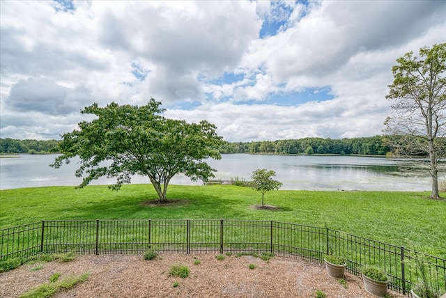 property view of water featuring fence