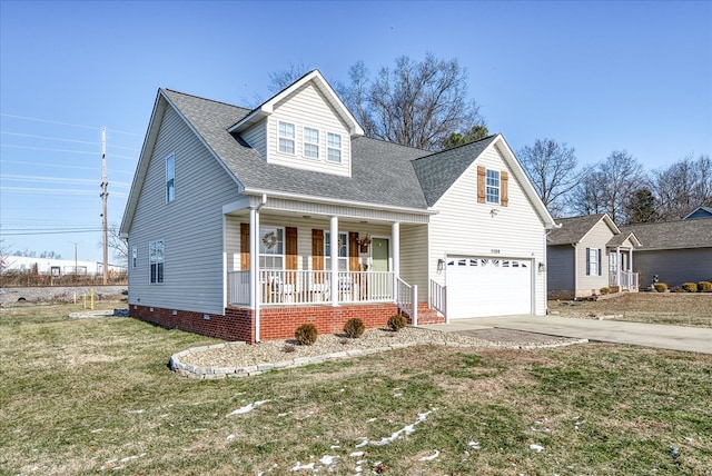 view of front of house featuring a porch, a shingled roof, a garage, driveway, and a front lawn