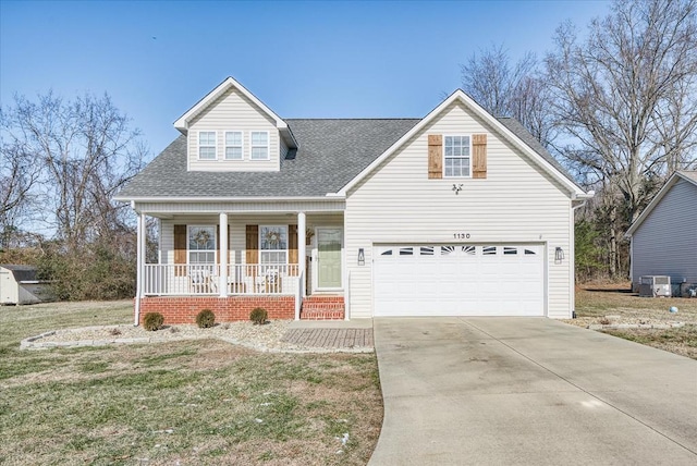 view of front facade featuring driveway, a garage, a shingled roof, a porch, and a front yard