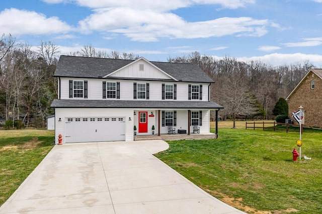 view of front facade featuring driveway, roof with shingles, an attached garage, a front lawn, and a porch