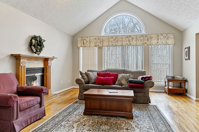 living area featuring wood finished floors, plenty of natural light, and a glass covered fireplace