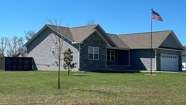 view of front of house featuring a garage, fence, stone siding, crawl space, and a front lawn