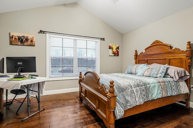 bedroom featuring vaulted ceiling, dark wood-style flooring, and baseboards