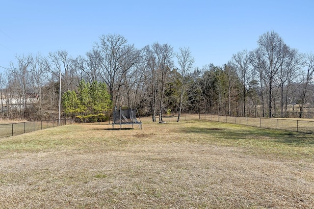 view of yard featuring a fenced backyard and a trampoline