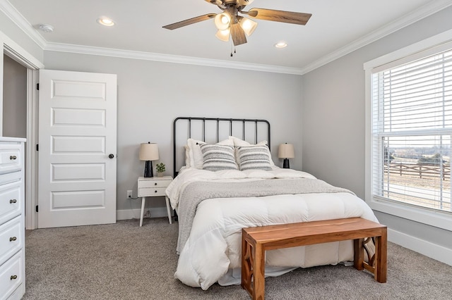 bedroom featuring recessed lighting, baseboards, ornamental molding, and light colored carpet