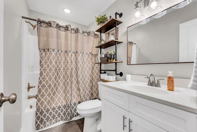 full bath with toilet, shower / bathtub combination with curtain, and vanity