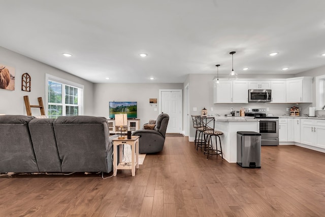 living area with wood finished floors and recessed lighting