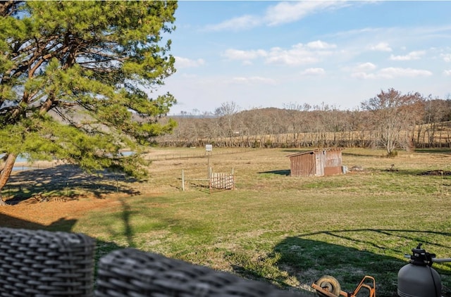 view of yard featuring a storage shed, a rural view, a mountain view, and an outbuilding