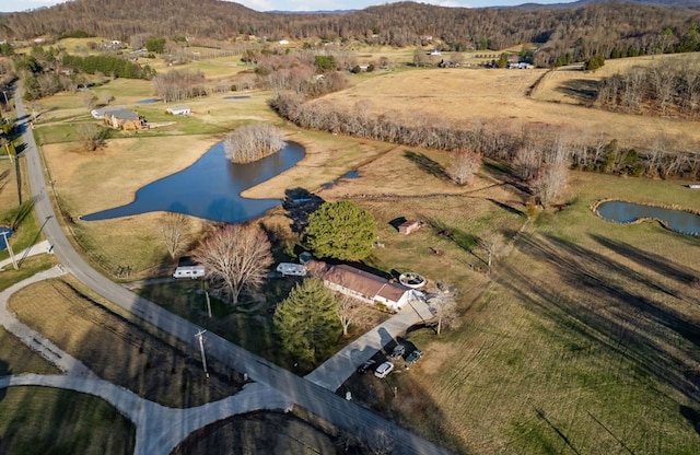 bird's eye view featuring a rural view and a water view