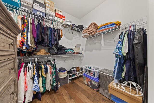 walk in closet with wood finished floors