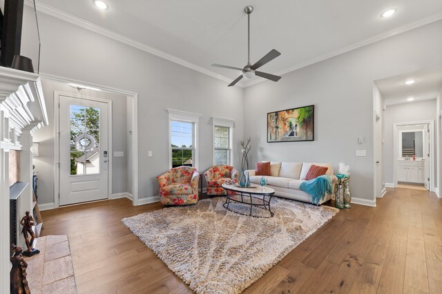 living area featuring ornamental molding, baseboards, and wood finished floors