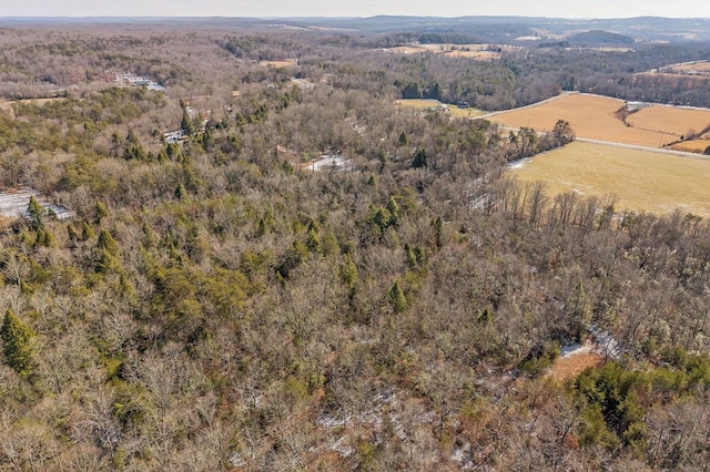 bird's eye view featuring a wooded view and a rural view