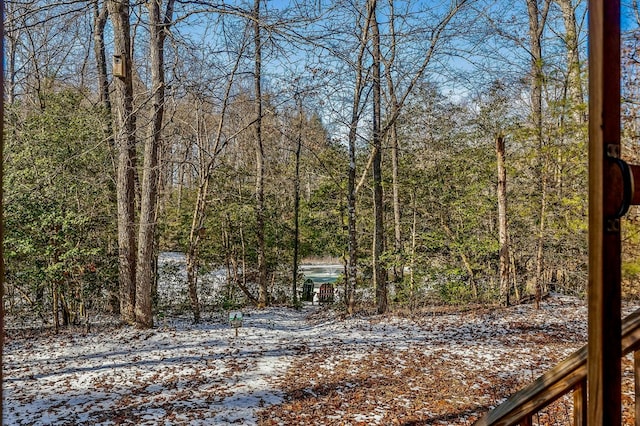 view of yard featuring a forest view