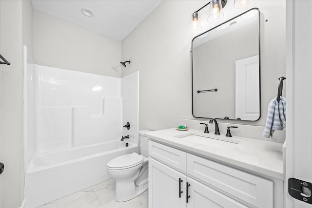 bathroom featuring vanity, shower / tub combination, toilet, and marble finish floor