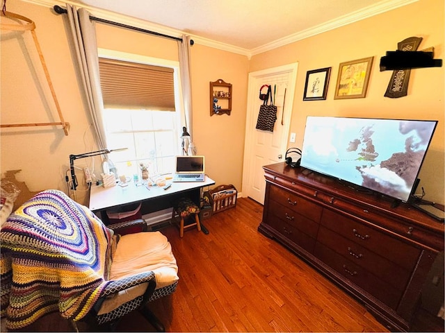 office featuring dark wood-style flooring and crown molding