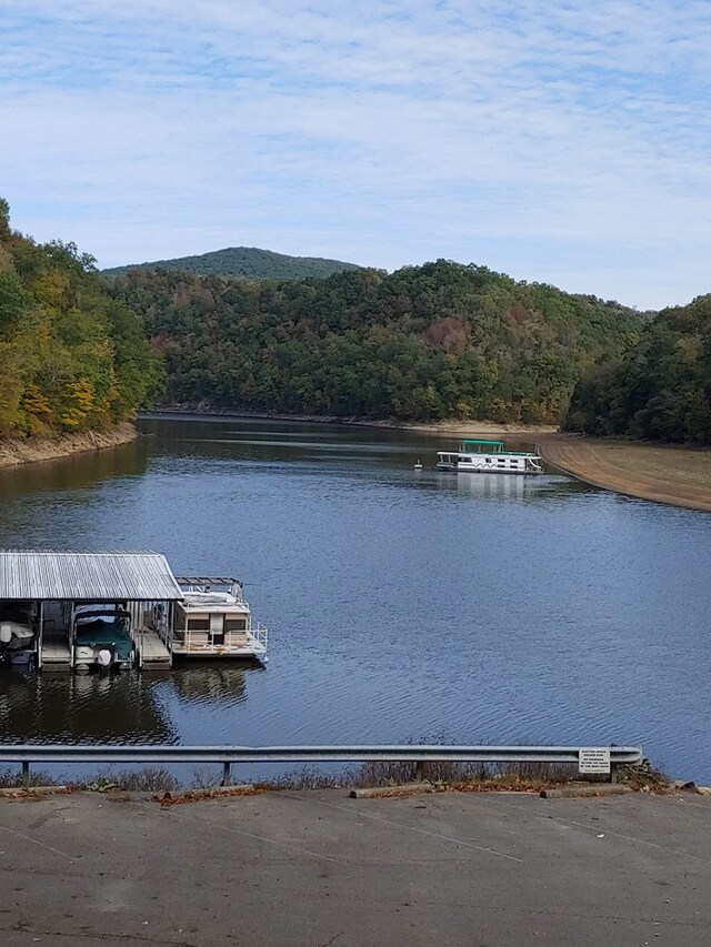 dock area featuring a water view and a forest view