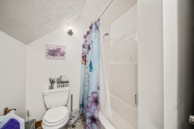 bathroom with shower / bath combo, vaulted ceiling, a textured ceiling, and toilet