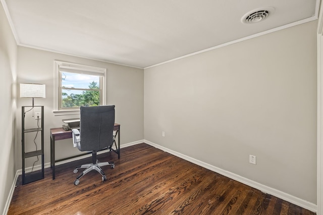 office with ornamental molding, dark wood-style flooring, visible vents, and baseboards