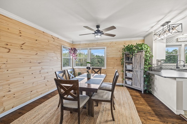 dining space with a healthy amount of sunlight, crown molding, and dark wood-type flooring