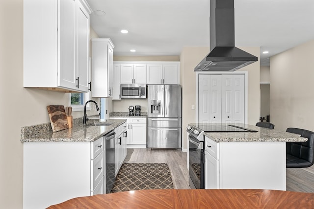 kitchen with white cabinetry, island range hood, stainless steel appliances, and a sink