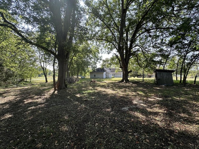 view of yard featuring an outbuilding and a storage unit