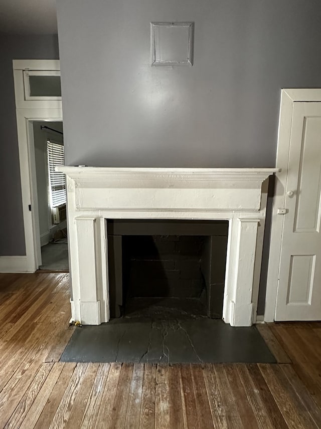 details with wood finished floors and a fireplace with flush hearth