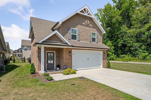 view of front of property with an attached garage, brick siding, driveway, and a front lawn