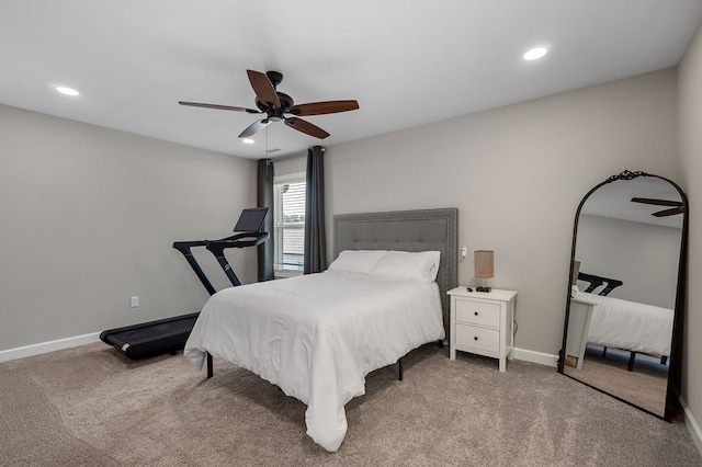 bedroom with carpet floors, recessed lighting, a ceiling fan, and baseboards