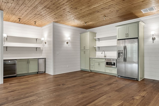 1036 Hidden River Rd, Rock Island, TN 38581 - kitchen featuring stainless steel refrigerator with ice dispenser, open shelves, green cabinetry, wooden ceiling, and wooden walls
