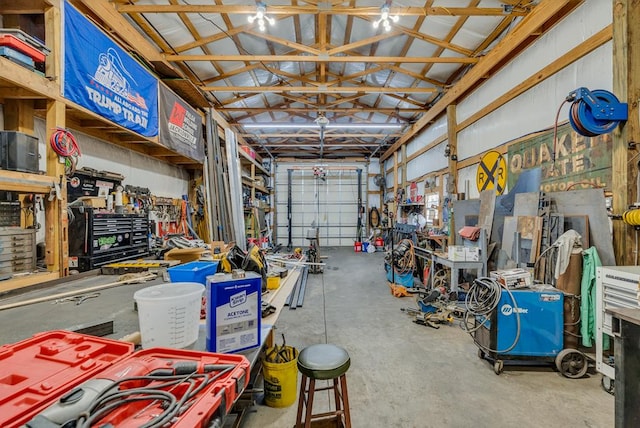 garage with a workshop area