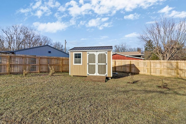 view of shed with a fenced backyard