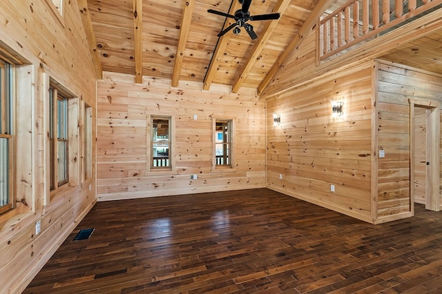 106 Raccoon Ln, Jamestown, TN 38556 - spare room with a wood ceiling with exposed beams, wood walls, dark wood-style flooring, high vaulted ceiling, and ceiling fan