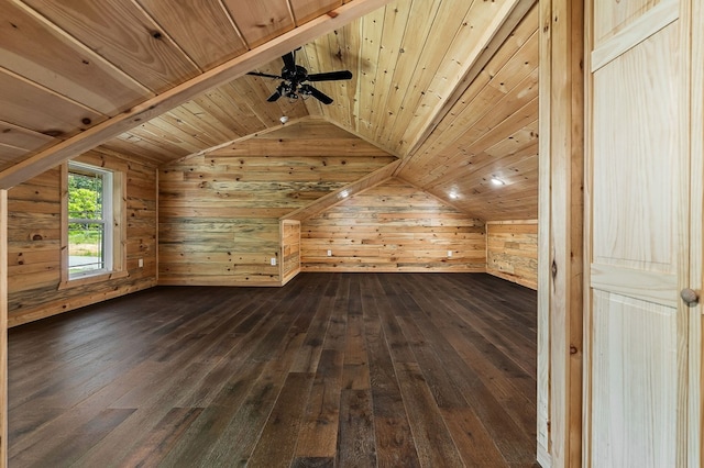 106 Raccoon Ln, Jamestown, TN 38556 - additional living space with wood walls, dark wood finished floors, wooden ceiling, lofted ceiling, and ceiling fan
